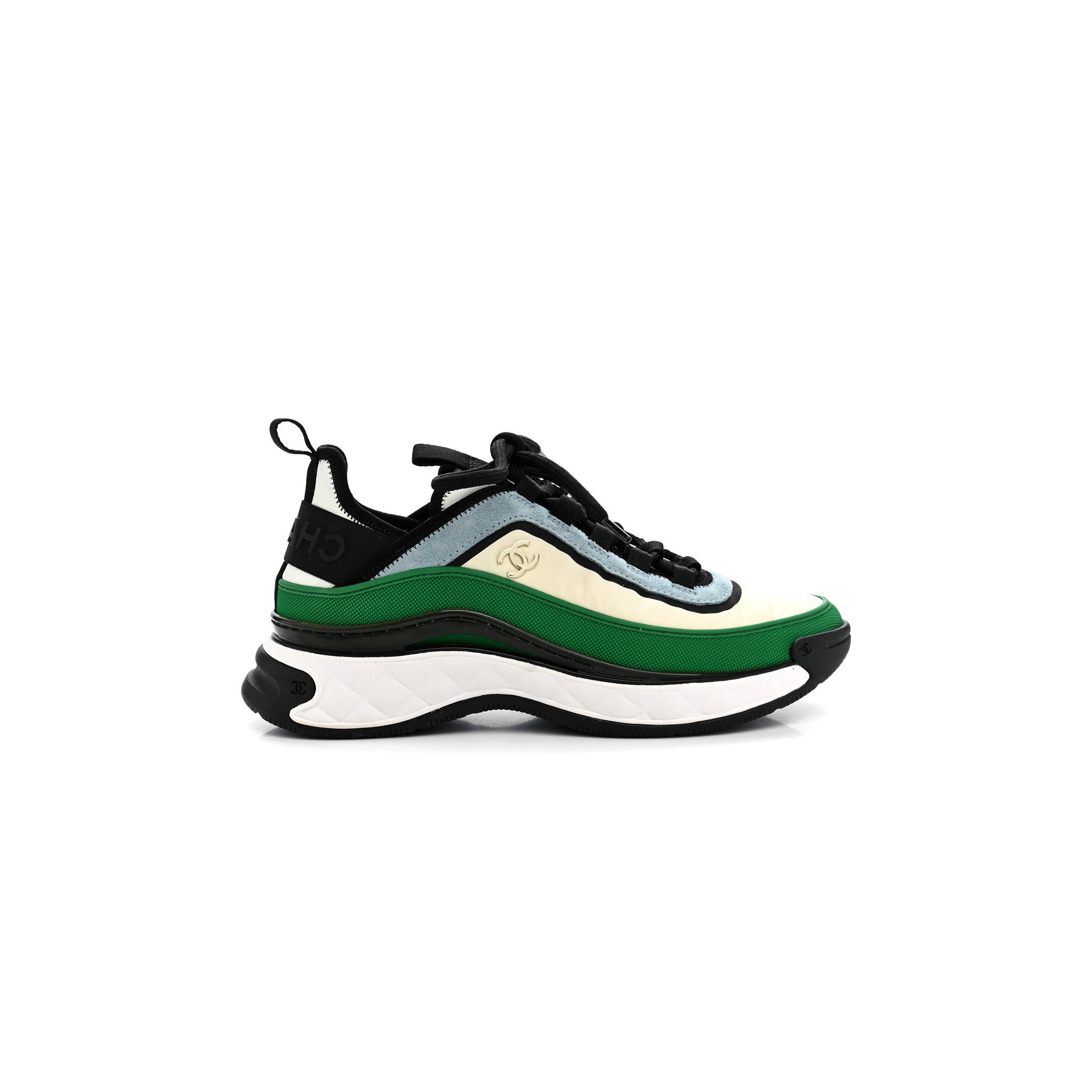 Ch**el suede calfskin mixed fibers cc sneakers ivory green light blue